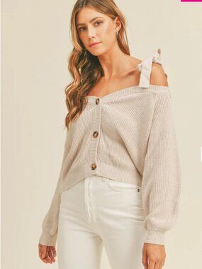 MABLE I Cream Off Shoulder Self-Tie Strap Button Down Cardigan Sweater, L